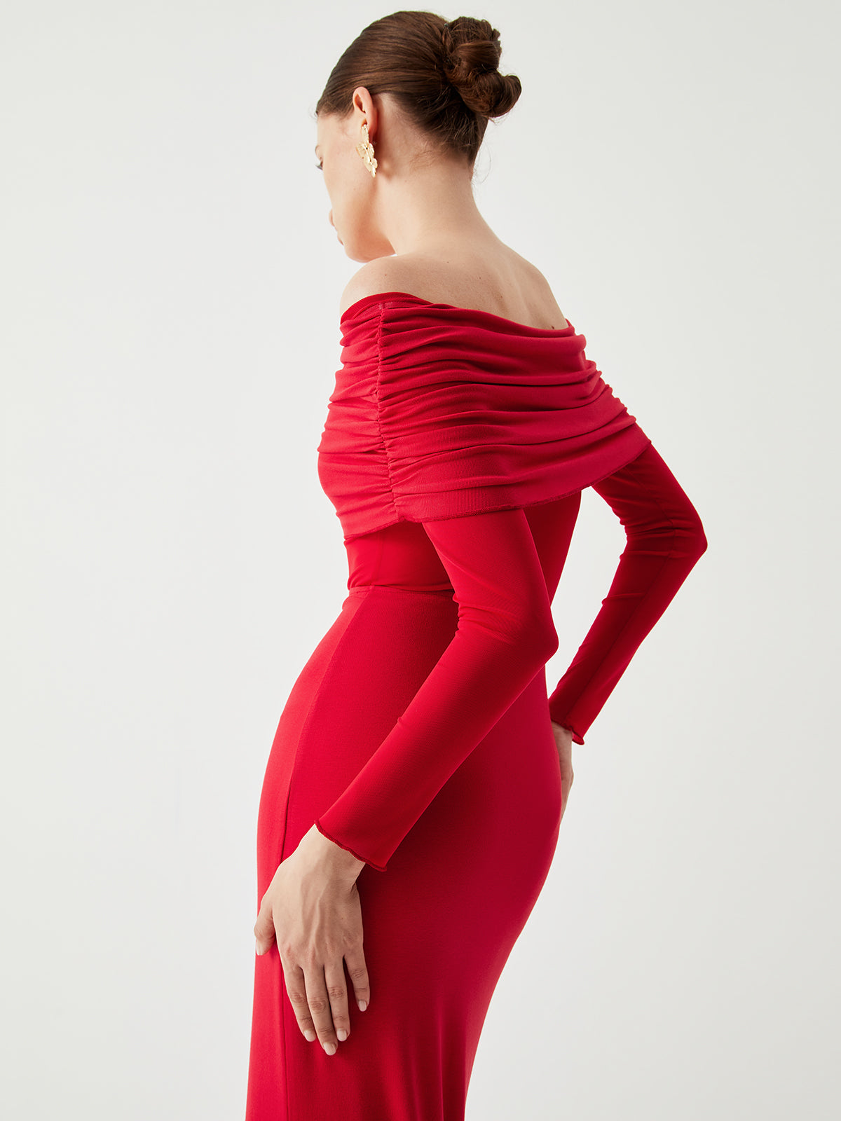 Abriella Off Shoulder Overfold Mesh Maxi Dress - View 8