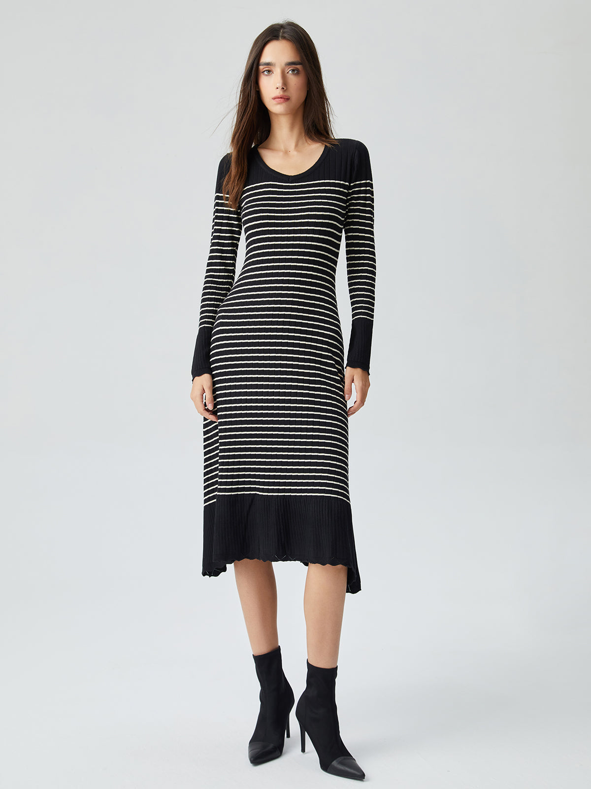Contrast Trim Striped Crew Modern Neck Knit Sweater Dress 2