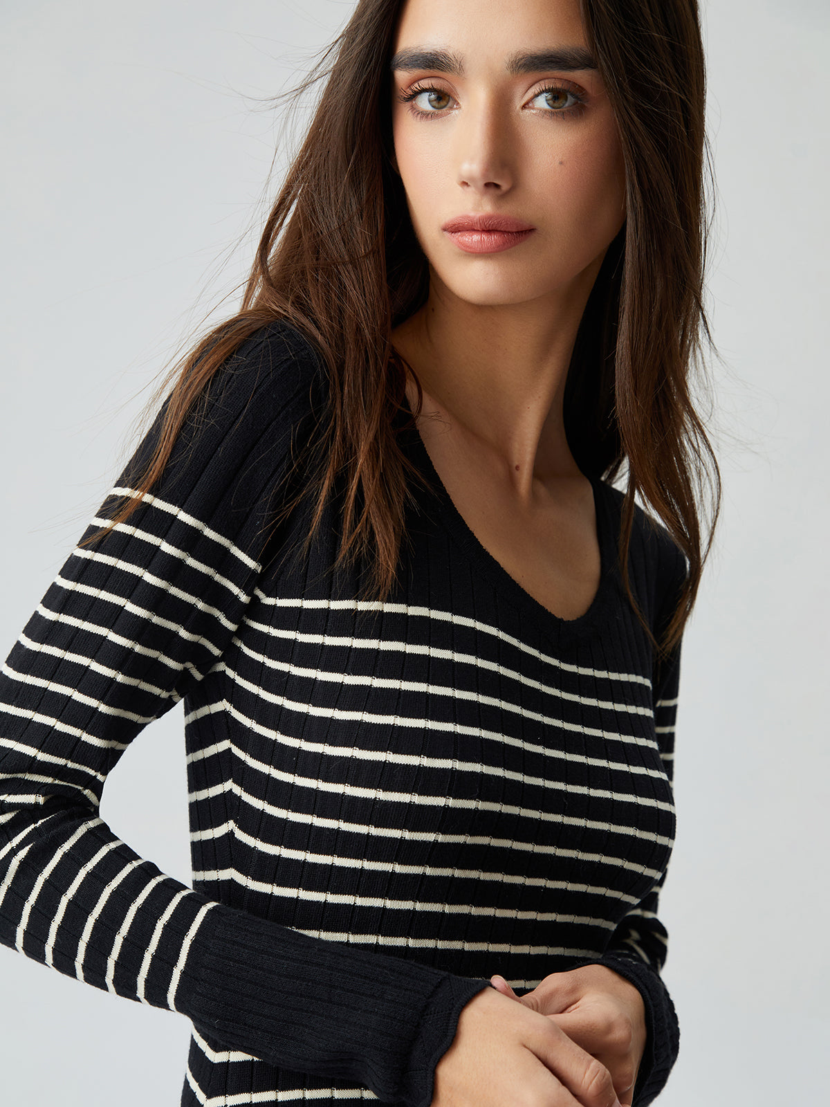 Contrast Trim Striped Crew Modern Neck Knit Sweater Dress 3