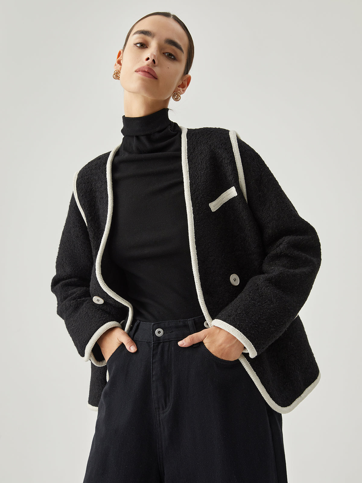 Contrast Trim Tweed Button Detail Wool Coat 3