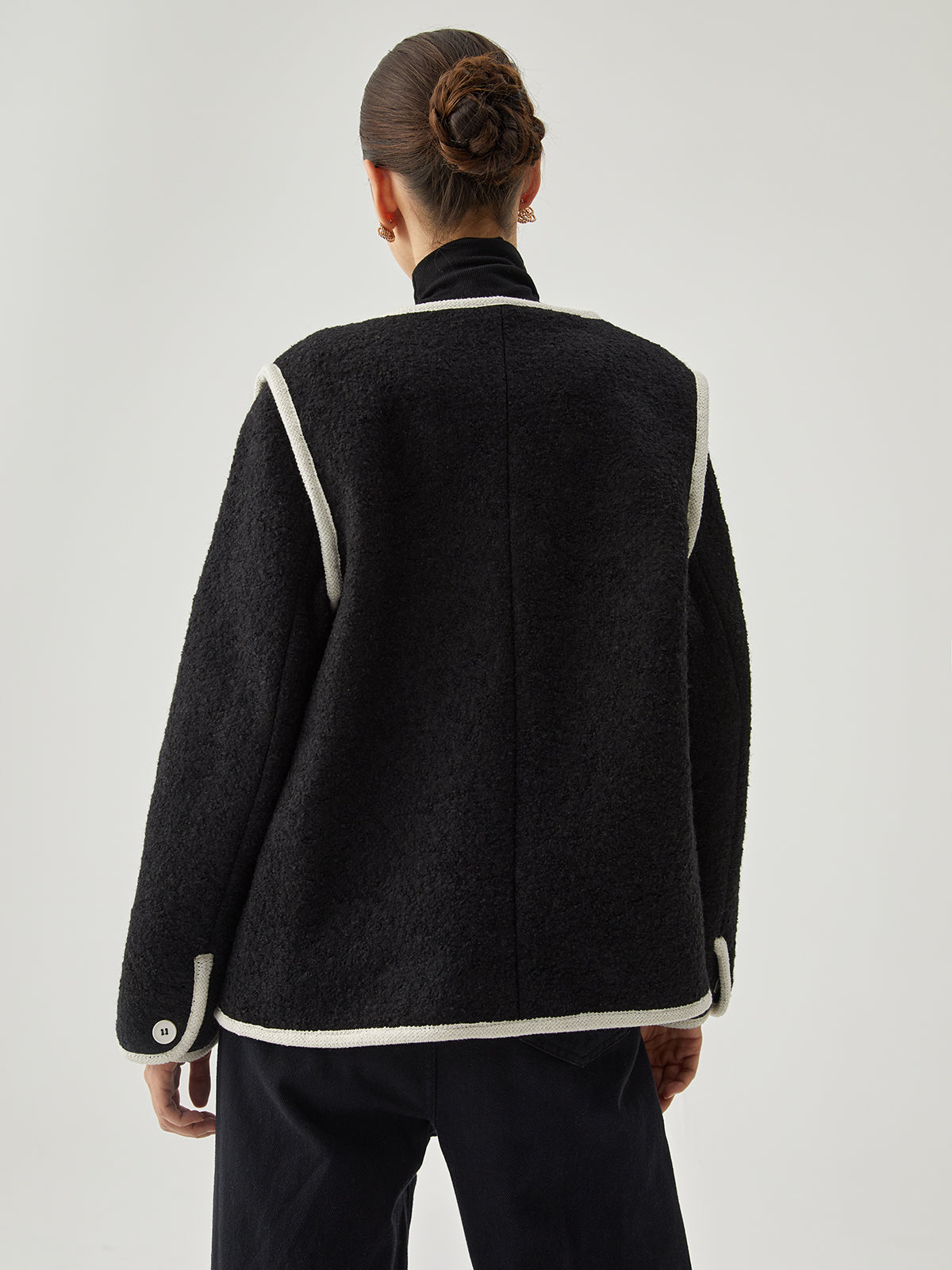 Contrast Trim Tweed Button Detail Wool Coat 6