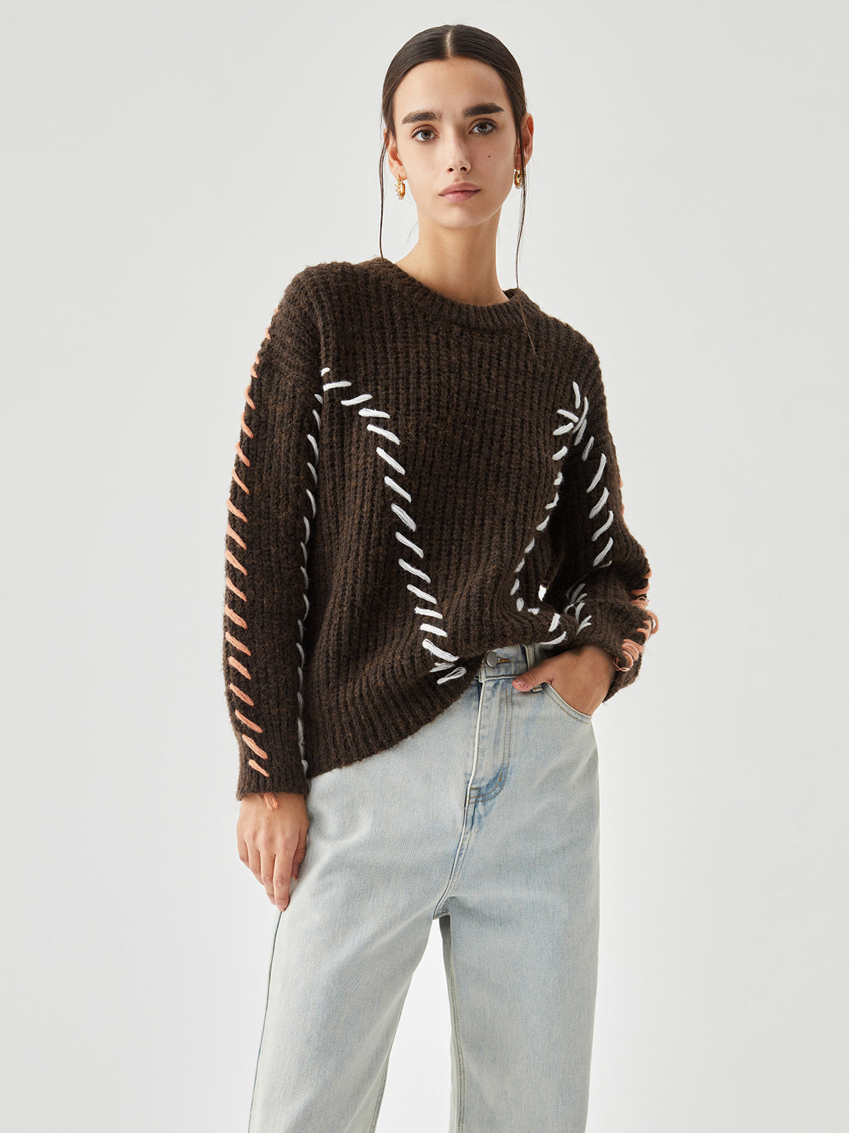 Crocheted Contrast Trim Ribbed Knit Sweater 4