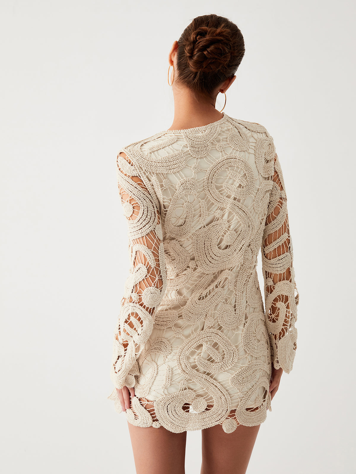 Crochet Paisley Long Sleeve Short Dress 2