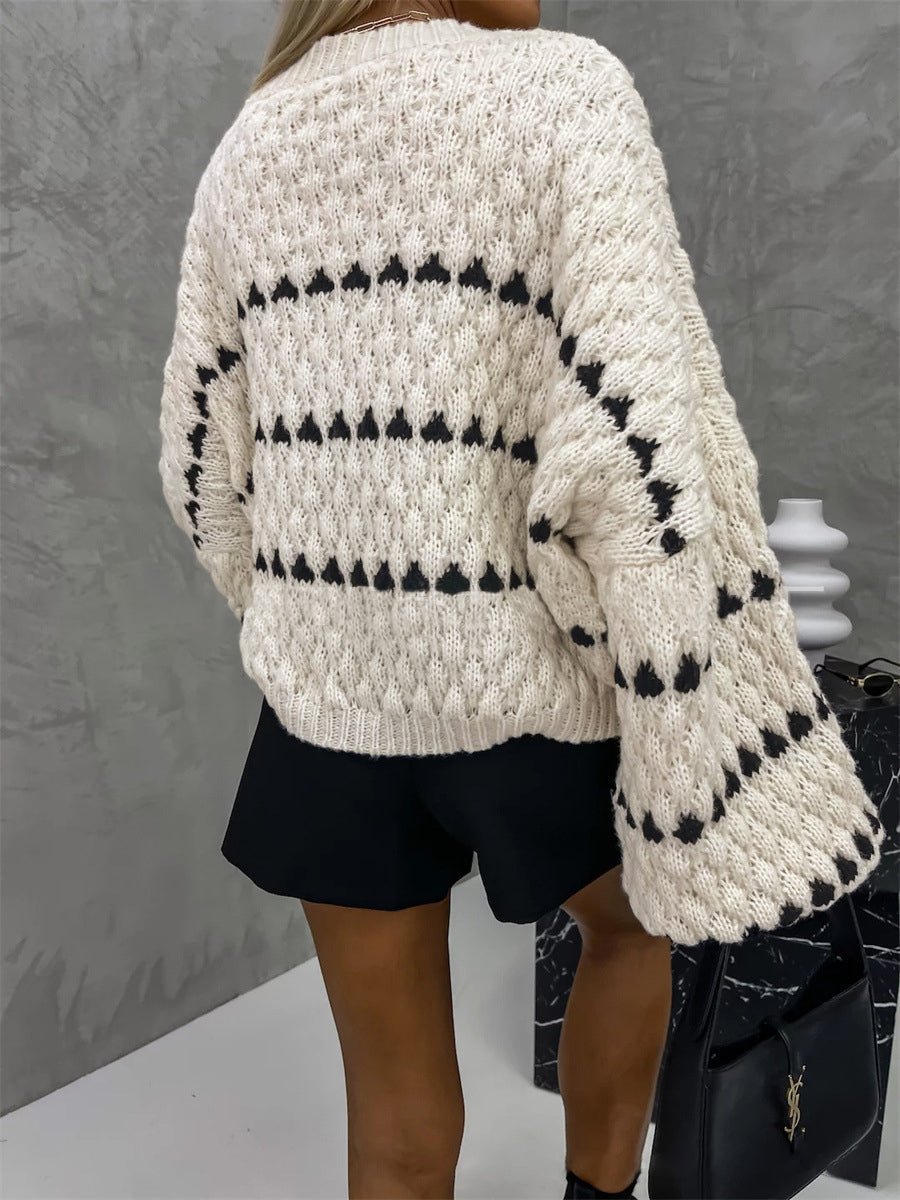 Crew Neck Two-Tone Decor Casual Sweater 2