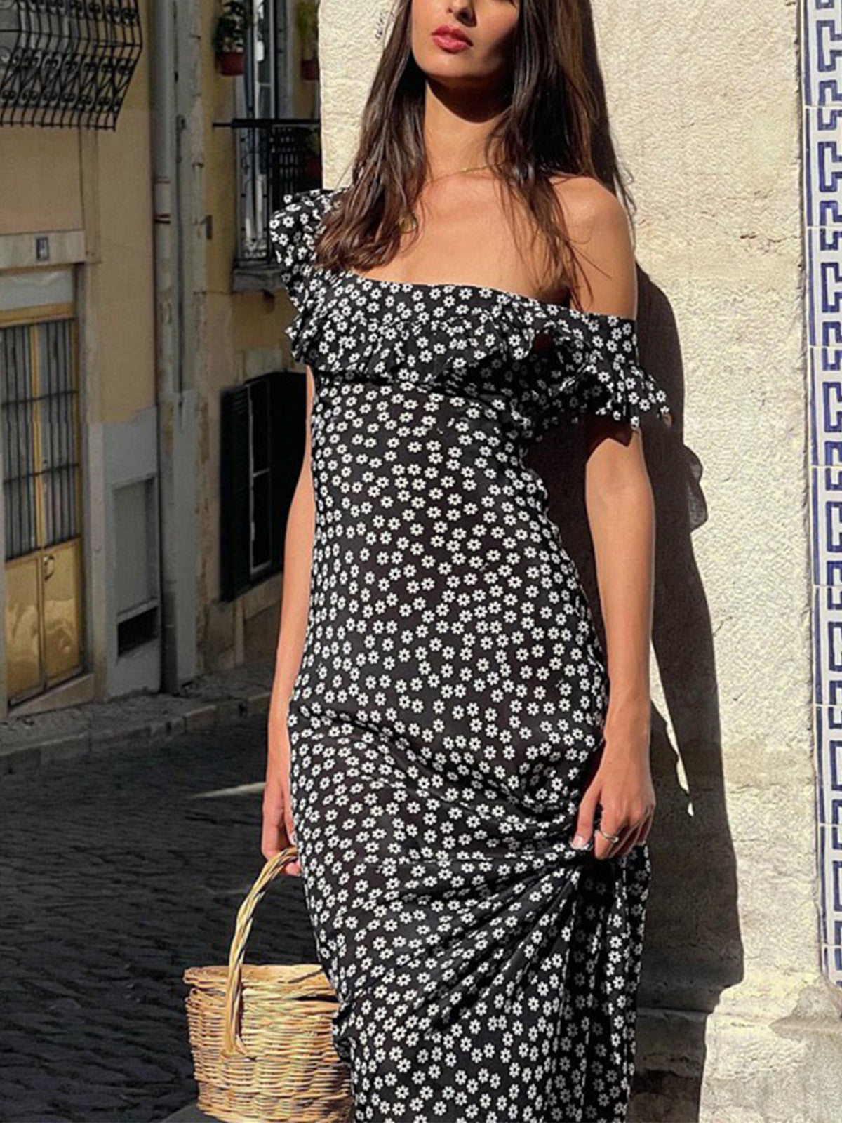 Floral Print Off Shoulder Ruffle Bodycon Maxi Dress