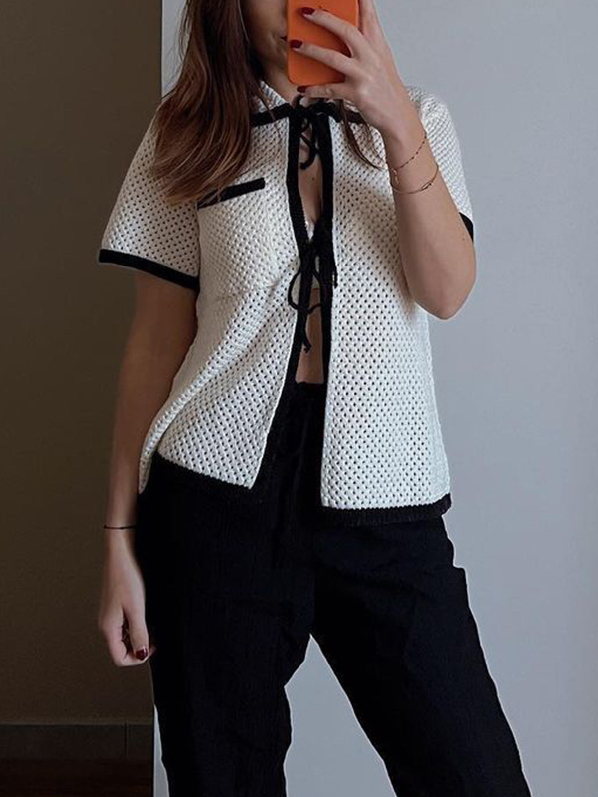 Eyelet Contrast Trim Tie-Front Cardigan