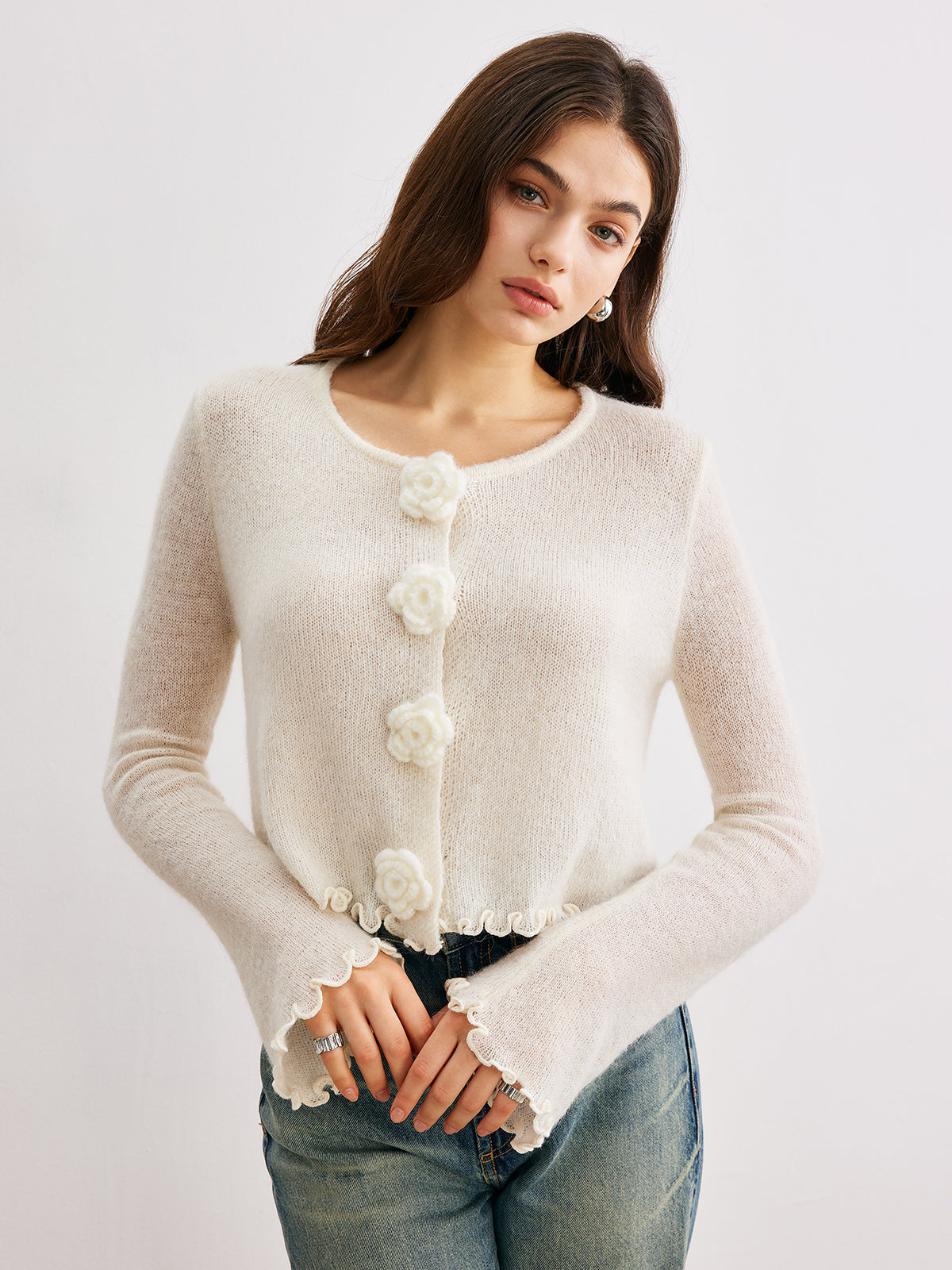 Wool-Blend Lettuce Trim 3D Flower Cardigan 2