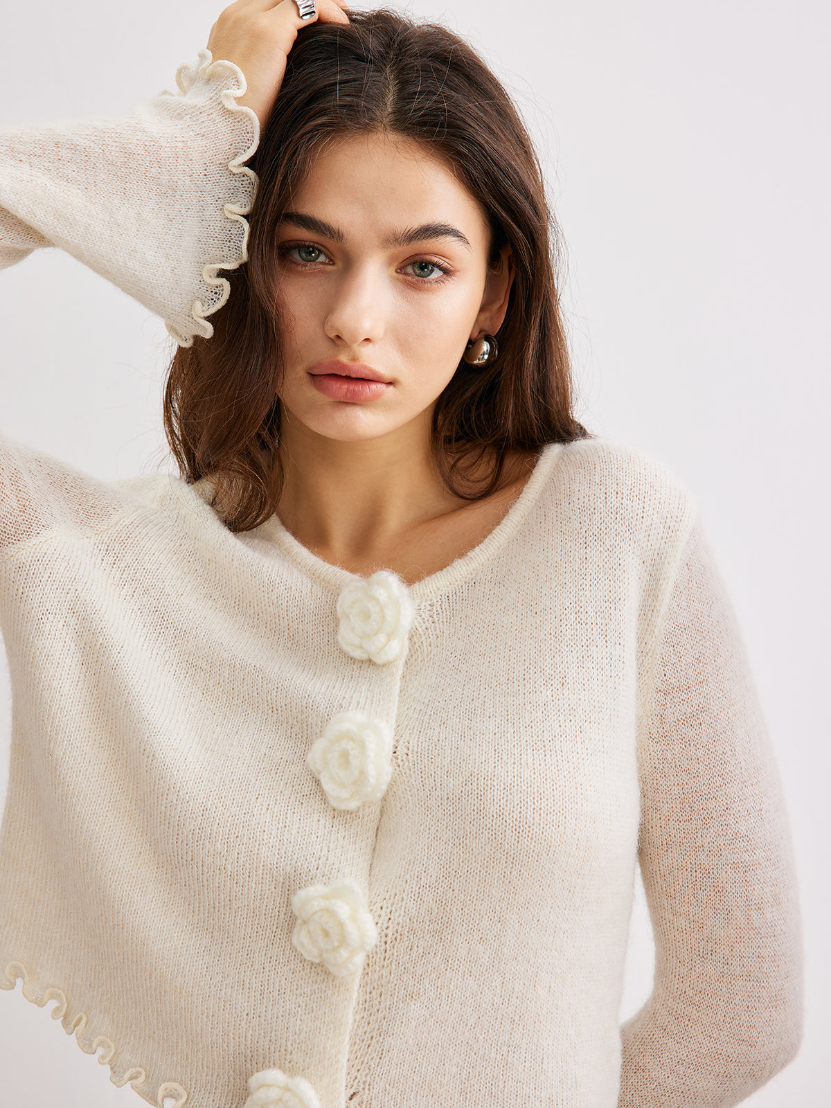 Wool-Blend Lettuce Trim 3D Flower Cardigan 5