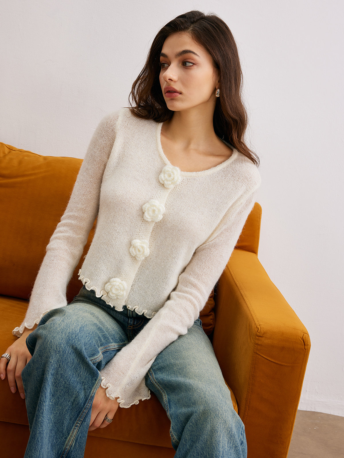 Wool-Blend Lettuce Trim 3D Flower Cardigan 4