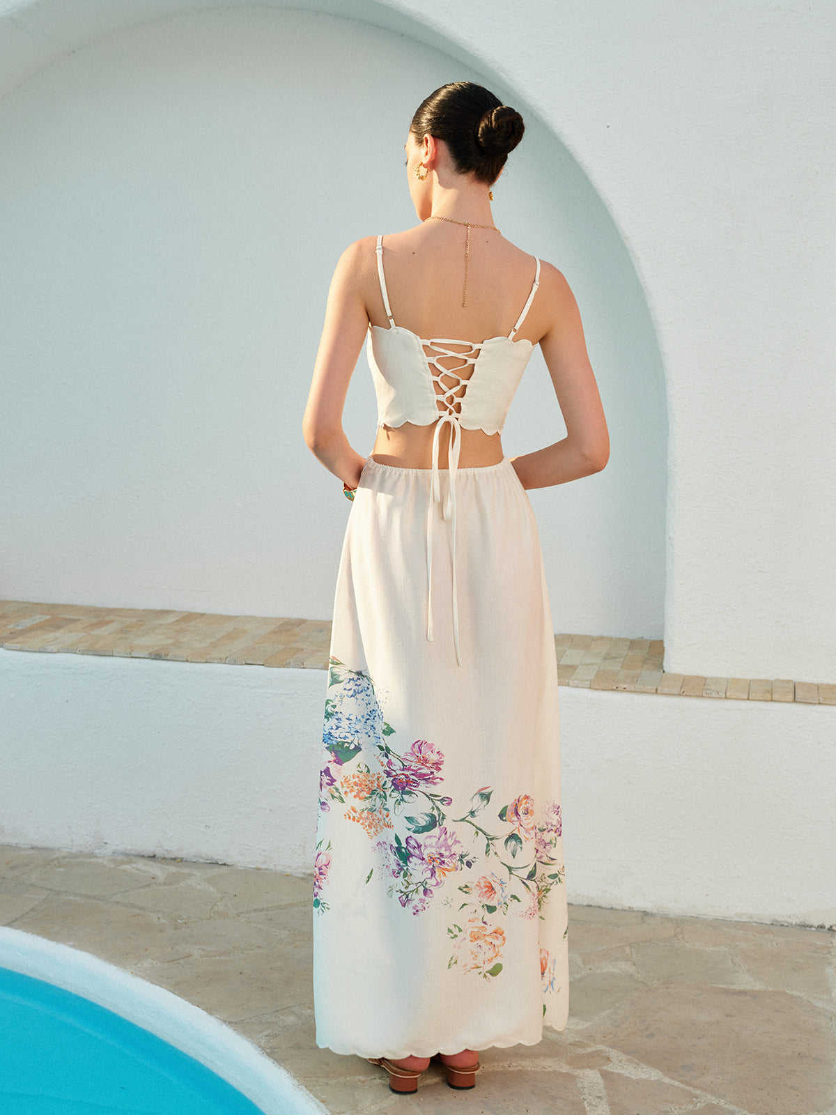 Floral Print Lace Up Back Sleeveless A-Line Midi Dress - View 6