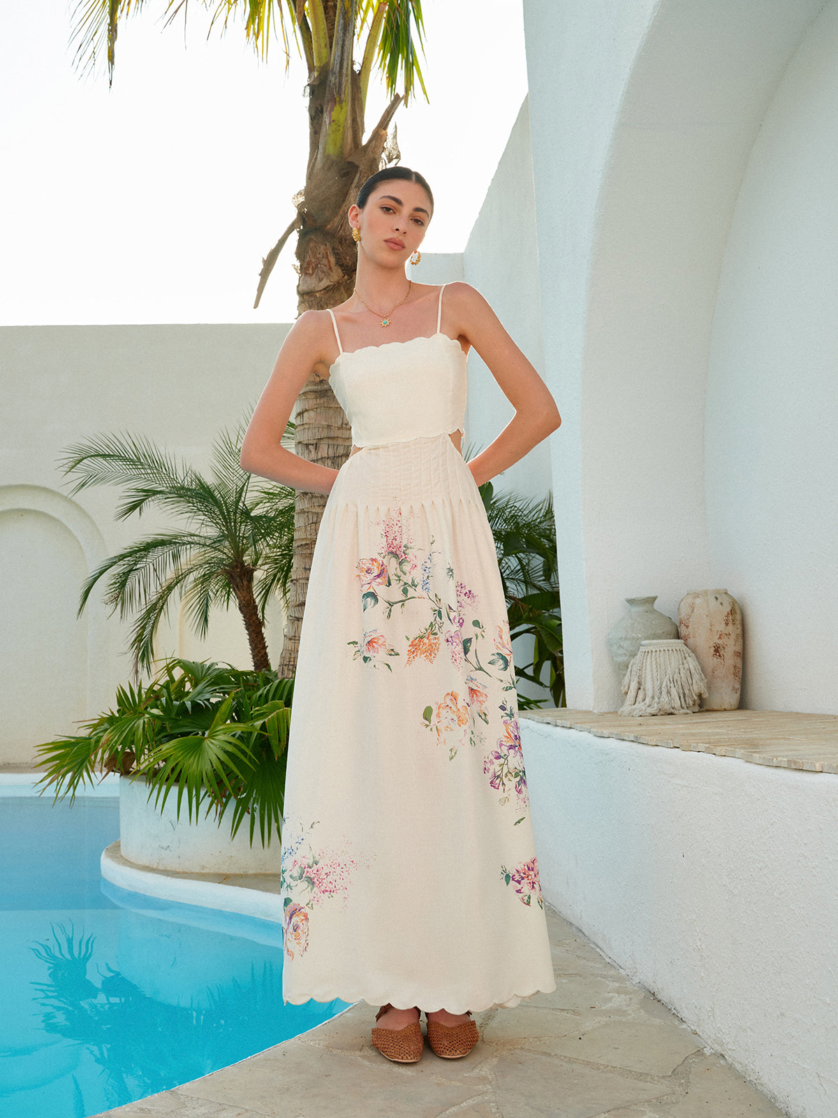 Floral Print Lace Up Back Sleeveless A-Line Midi Dress - View 5