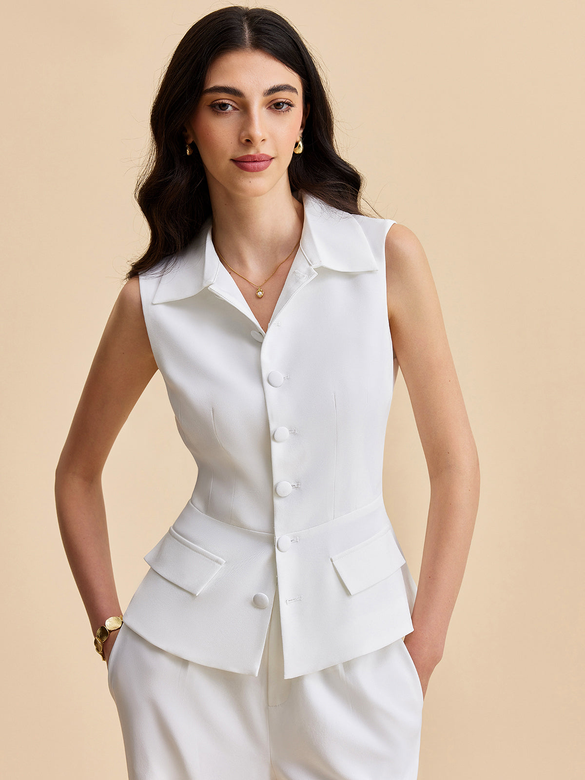 Pockets Buttoned Sleeveless Pants Set