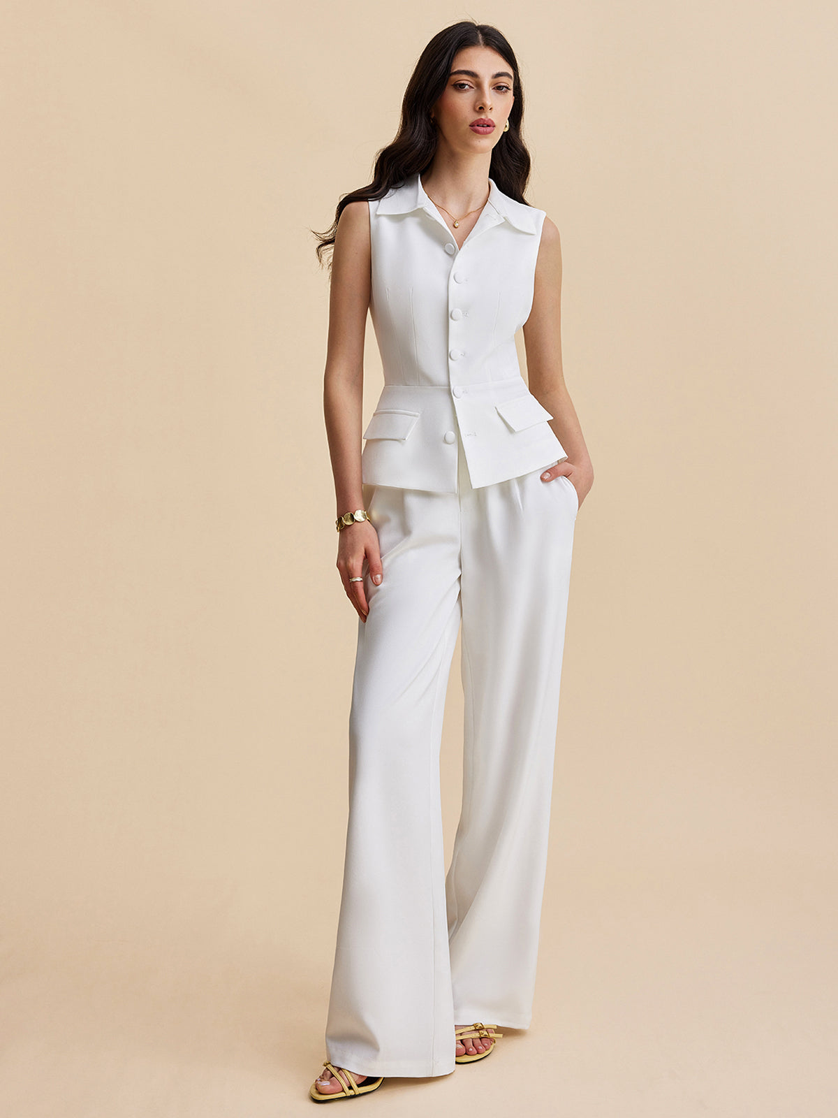 Pockets Buttoned Sleeveless Pants Set White / XS Pant Sets