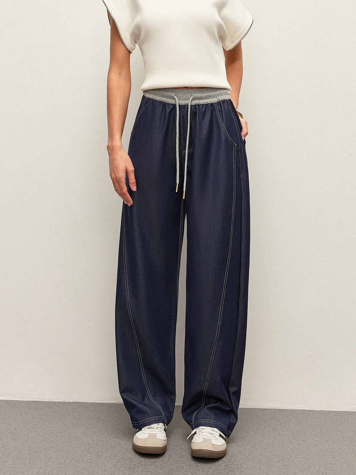 High Waist Drawstring Denim Pants With Pockets Blue / XS Pants
