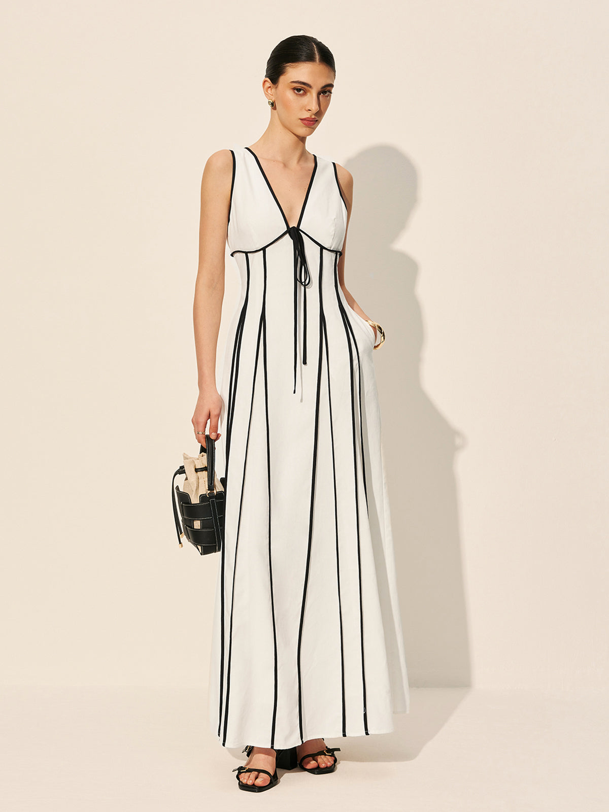 Contrast Stripe V-Neck Sleeveless A-Line Maxi Dress