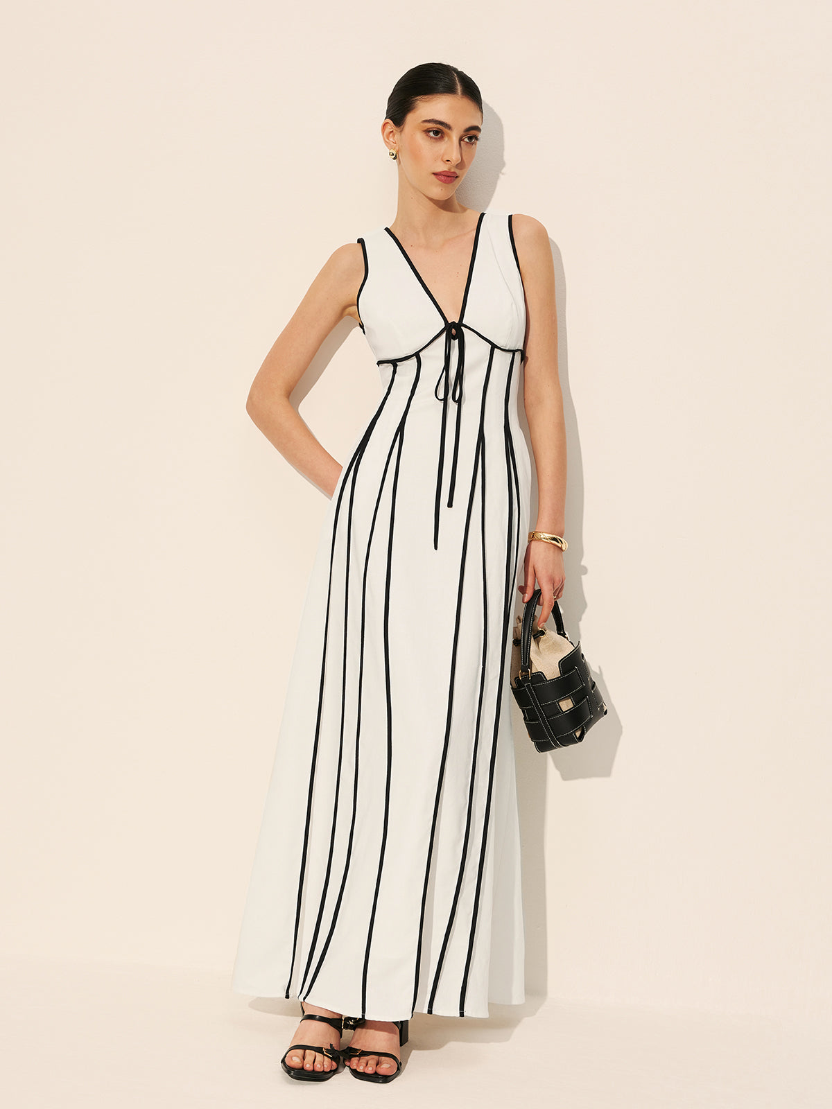 Contrast Stripe V-Neck Sleeveless A-Line Maxi Dress 4