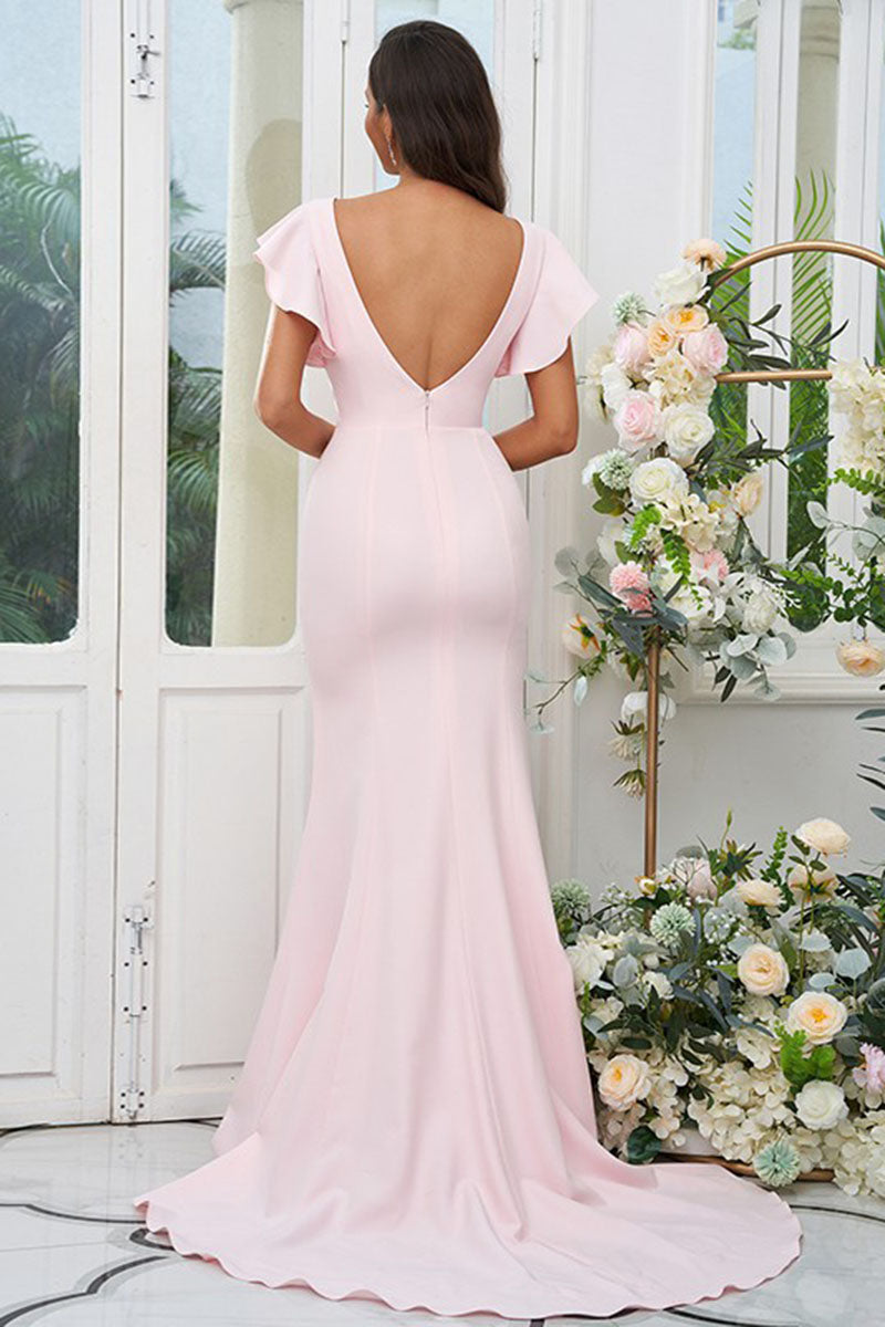 B4079 - Scoop Cap Sleeves Backless Satin Mermaid Long Bridesmaid Dress