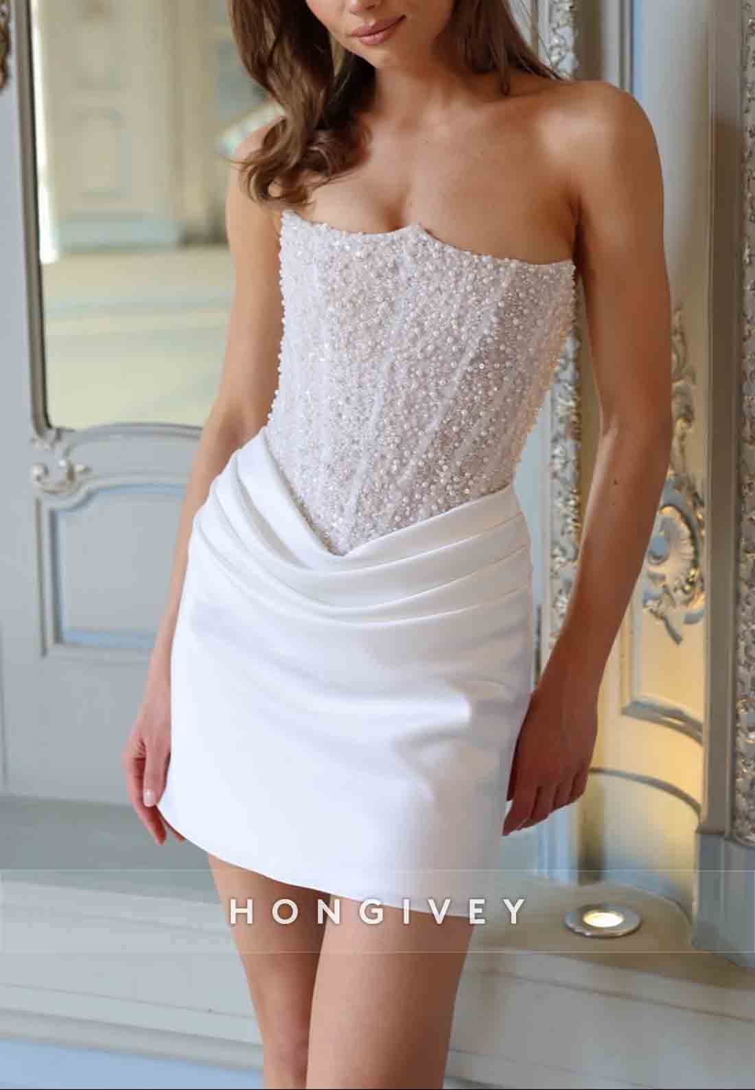Crisscross Back Beading Pleated Strapless Mini Wedding Dresses