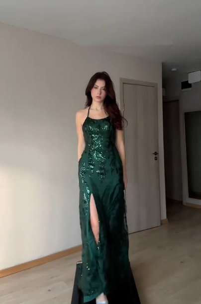 Unique Halter Green Satin Sequin Slit Mermaid Evening Dress Long Prom Gown D800