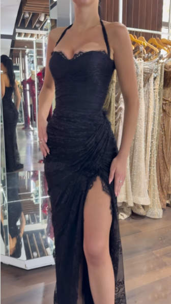 Sexy Black Halter Lace Mermaid Slit Long Evening Dress Party Gown D1586