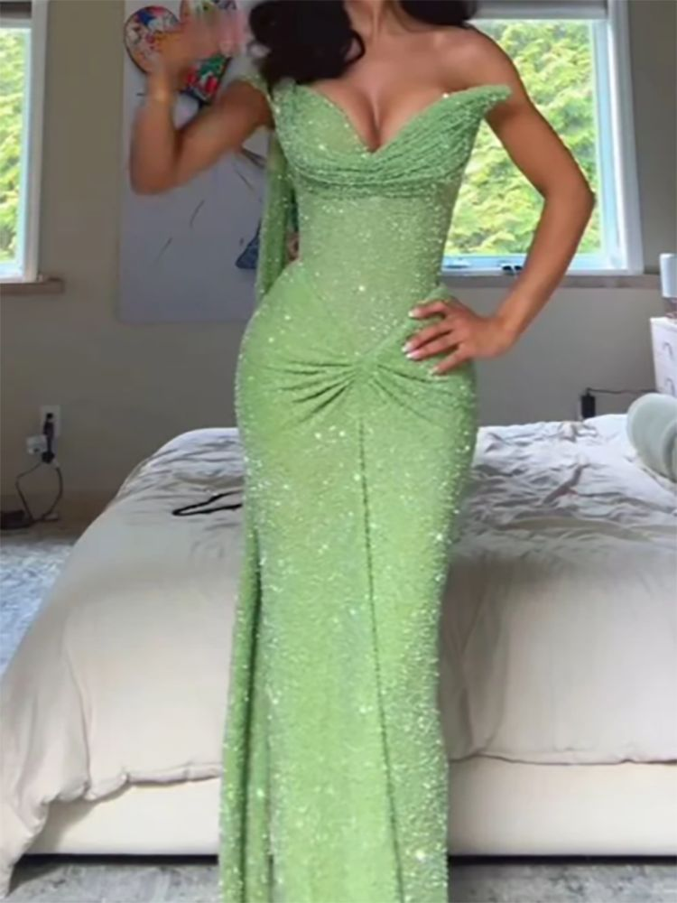 Glitter Mint Green Sequin One Shoulder Mermaid Prom Dress Side Slit Long Party Dress D914