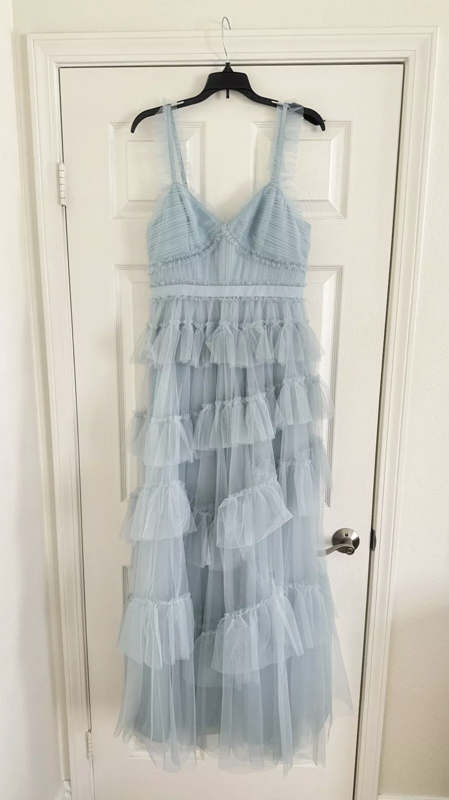 Light Blue Tulle Prom Dresses Ruffles Pleated Baby Blue Evening Gown
