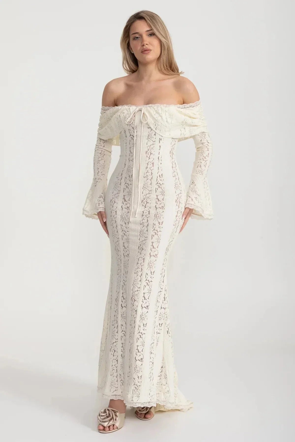 Lace Off Shoulder Lace Up Bodice Bell Sleeve Mermaid Maxi Gown