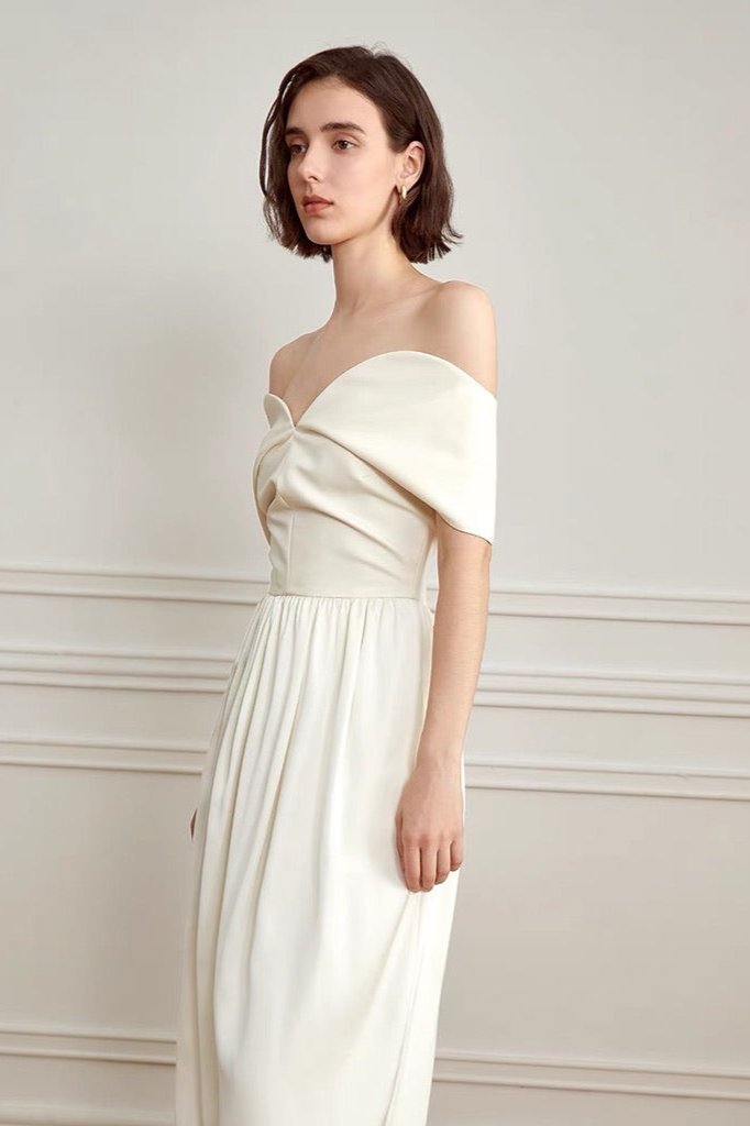 Off Shoulder Wrap Draped Bodice Gathered Waist Maxi Gown - View 3