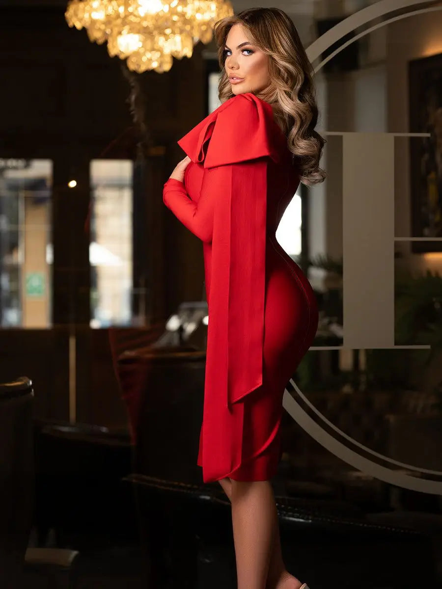 Red Asymmetrical Bandage Evening Dress with Ruffle Split - Bodycon Christmas Party Dress - Fashionpara