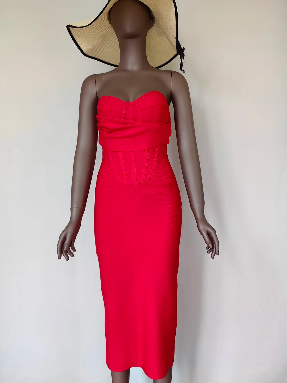 Red Christmas Party Dress - Strapless Backless Split Bustier - Fashionpara