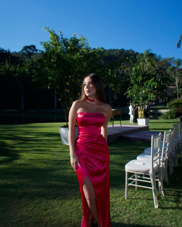 Classy Hot Pink Strapless Satin Slit Long Wedding Guest Dress Formal Birthday Party Dress D1736