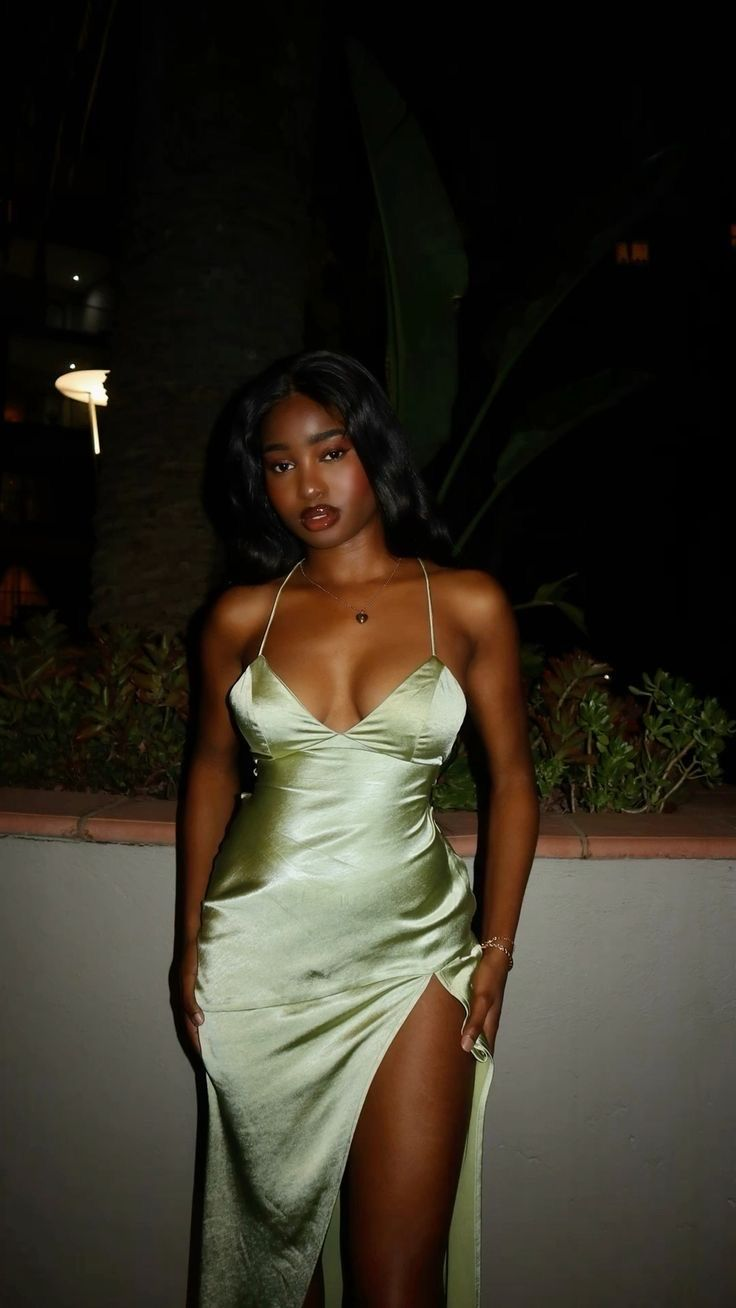 Simple Green Halter Satin Slit A Line Long Party Dress Evening Gown D1471