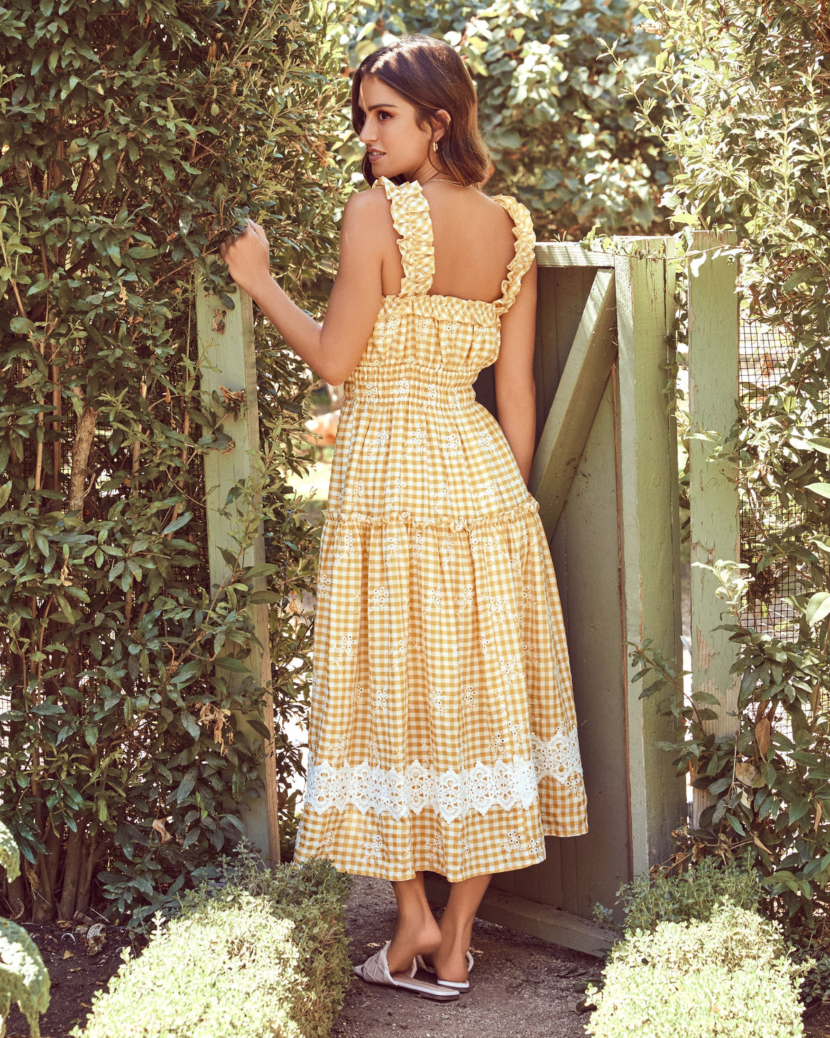 Gingham Lace Trim Sleeveless Tiered Midi Dress