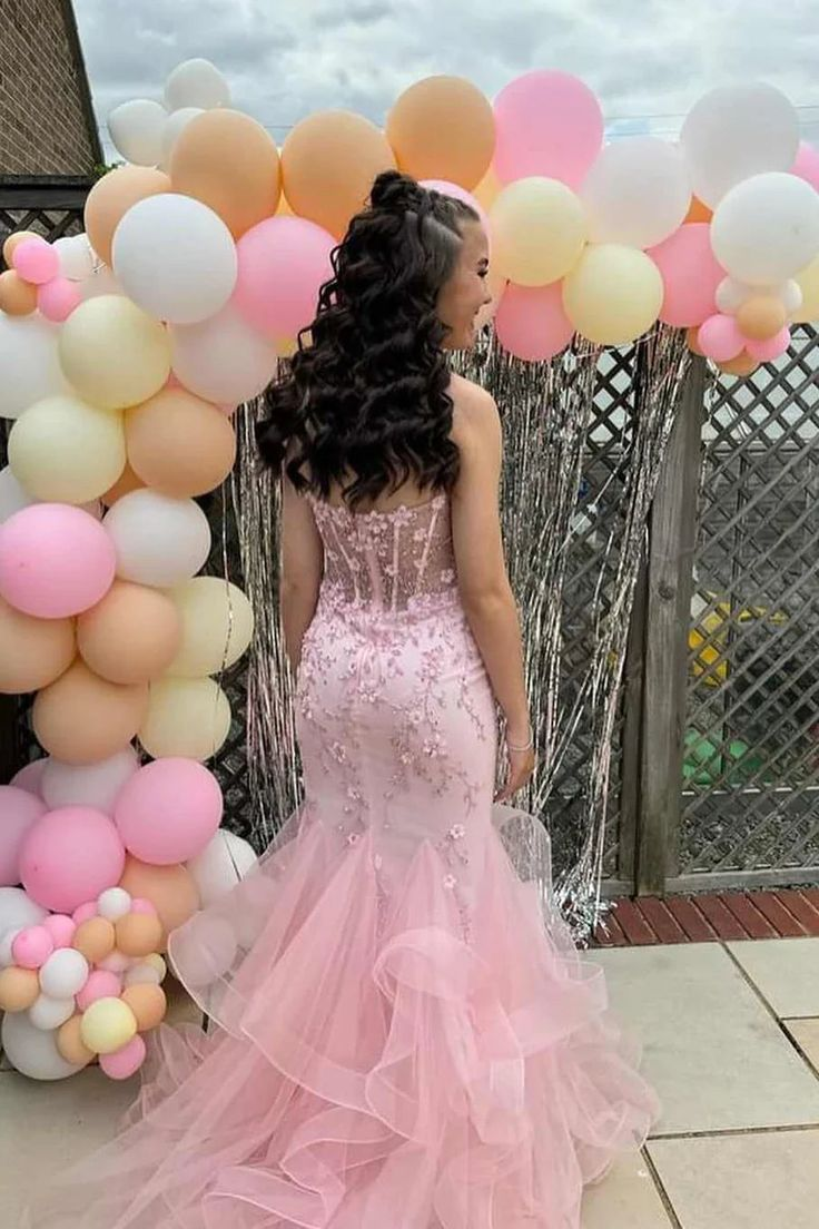Pretty Strapless Pink Tulle Appliques Beaded Mermaid Party Dress Long Evening Gown D1576