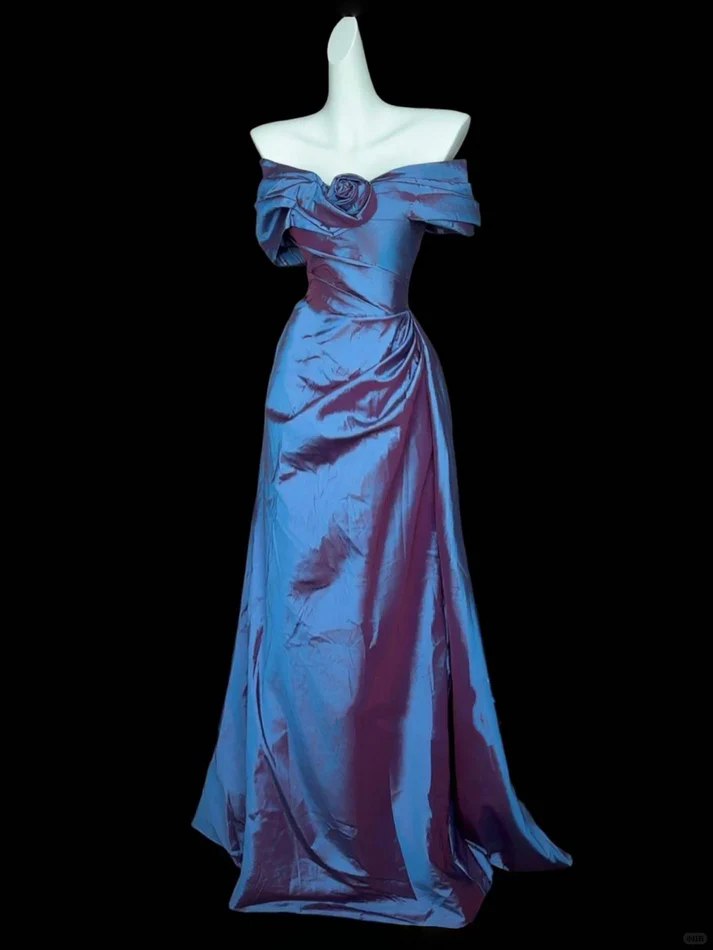 Vintage Off The Shoulder Bow Navy Blue Satin Mermaid Evening Dress Formal Prom Gown D1043