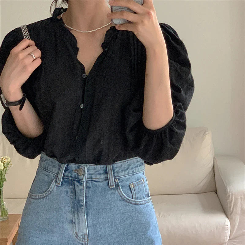 Sweet Puff Sleeve Oversized Vintage Blouse - Fashionpara