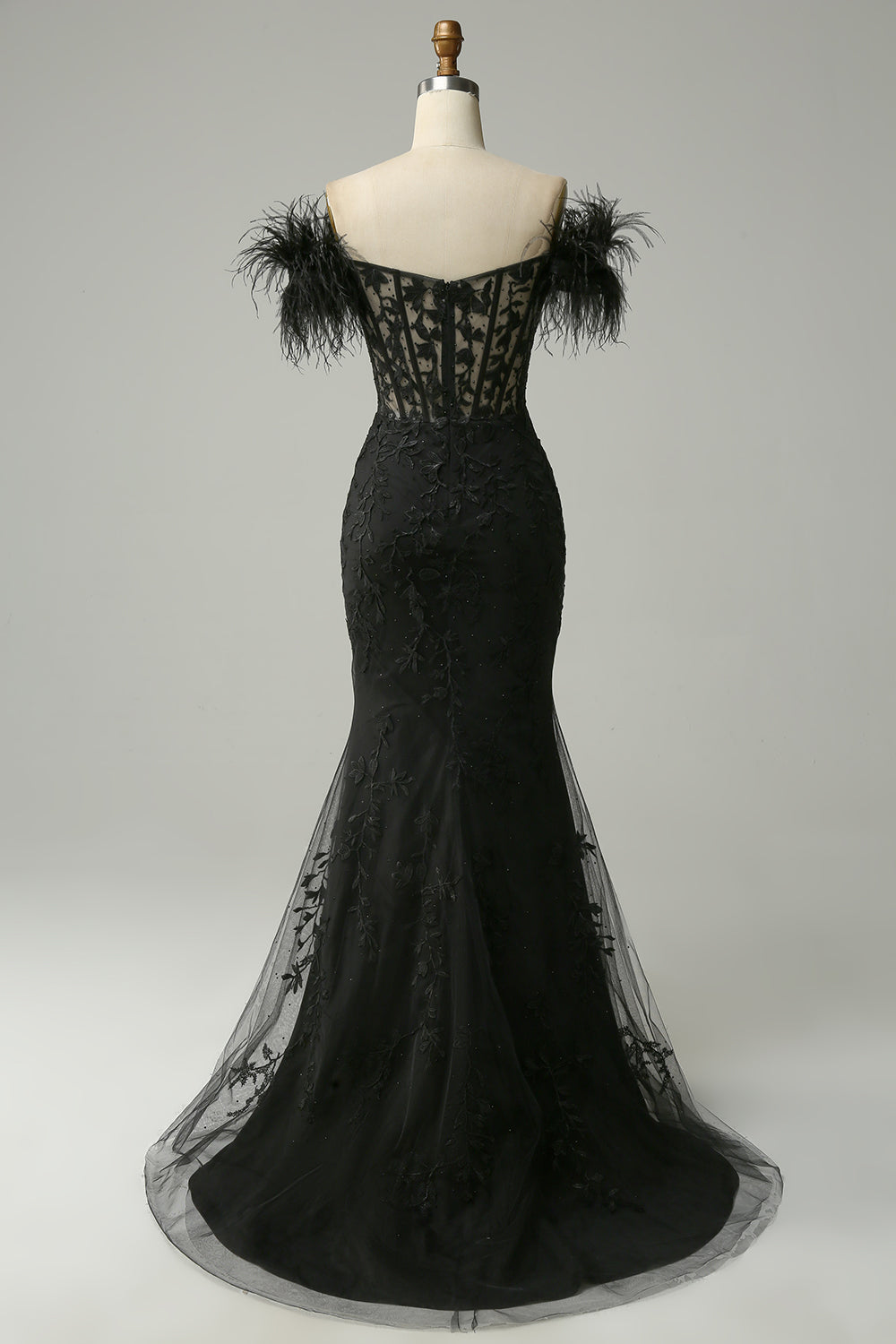 Off the Shoulder Black Long Mermaid Prom Dress with Feathers
