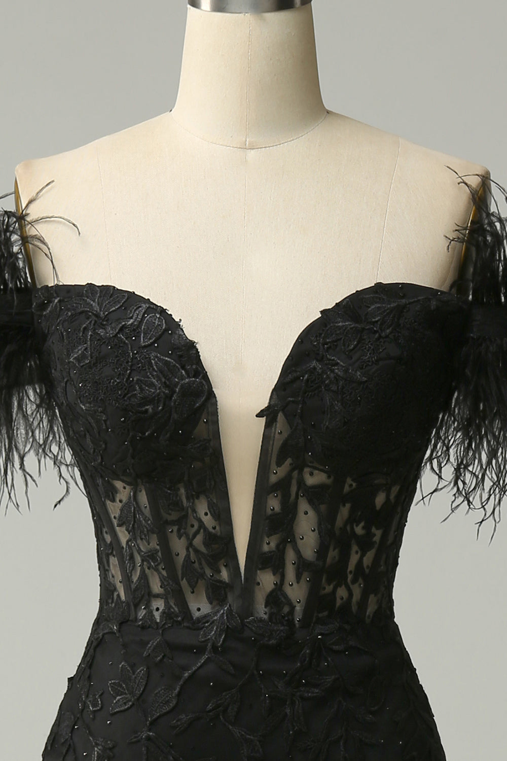 Off the Shoulder Black Long Mermaid Prom Dress with Feathers