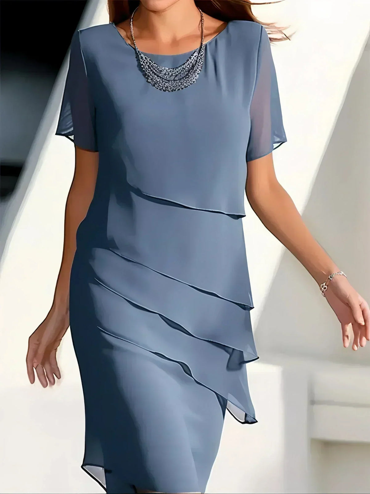 Beaded Scoop Neck Flutter Sleeve Diagonal Tiered Midi Dress