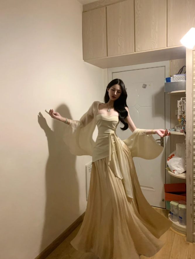 Sexy Strapless Apricot Satin Mermaid Long Prom Gown Formal Birthday Party Dress D841