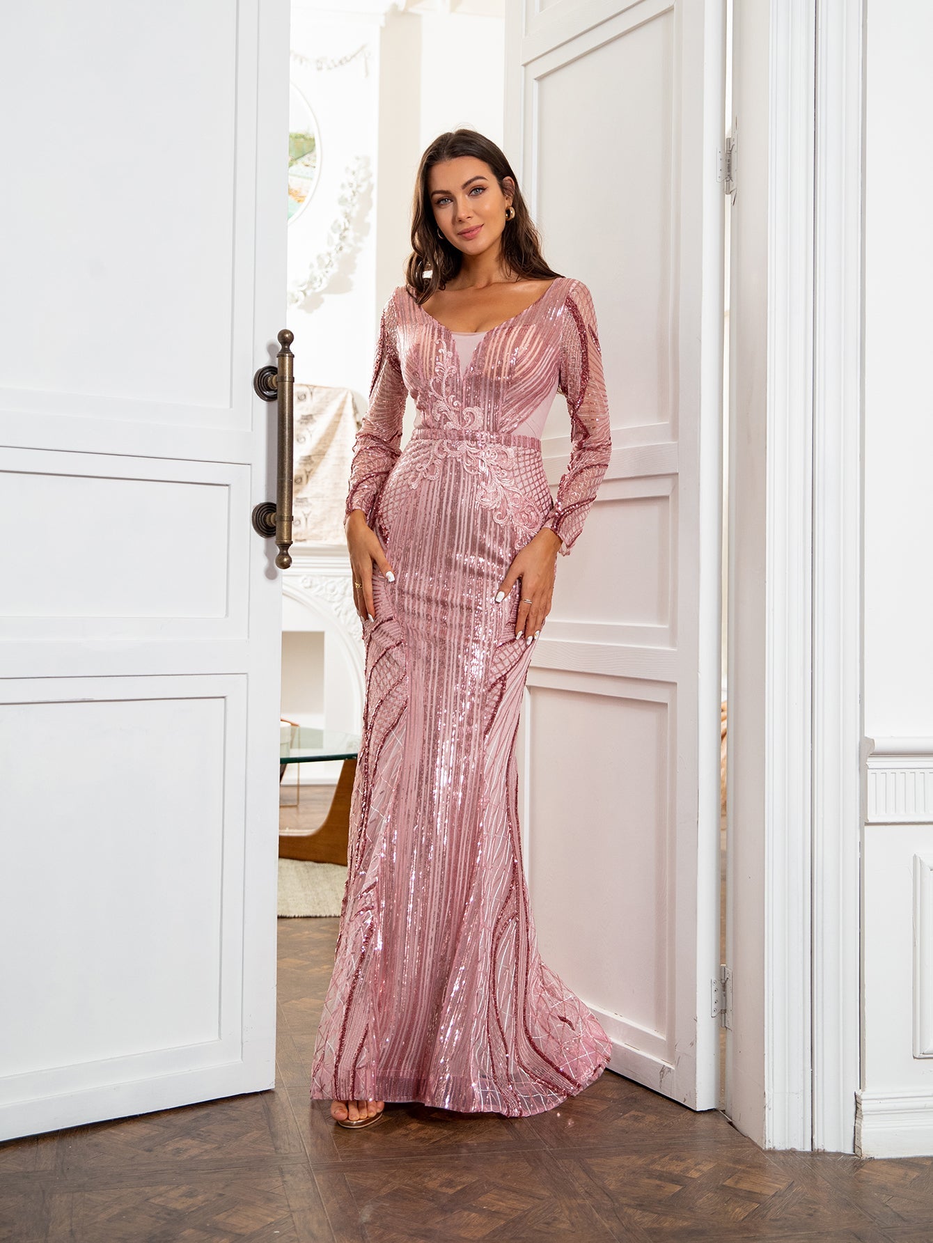 Pink Luxury Evening Dress With Sequins - Fashionpara