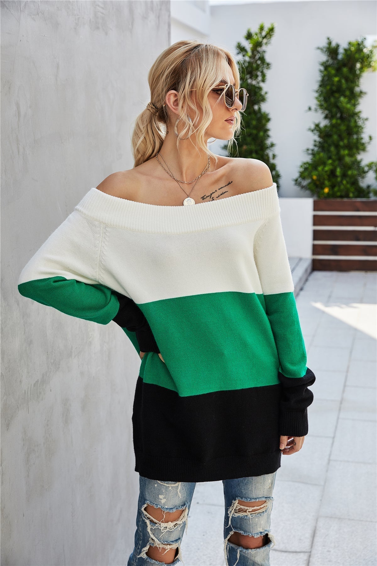RadyRin Off The Shoulder Color Block Sweater for Style