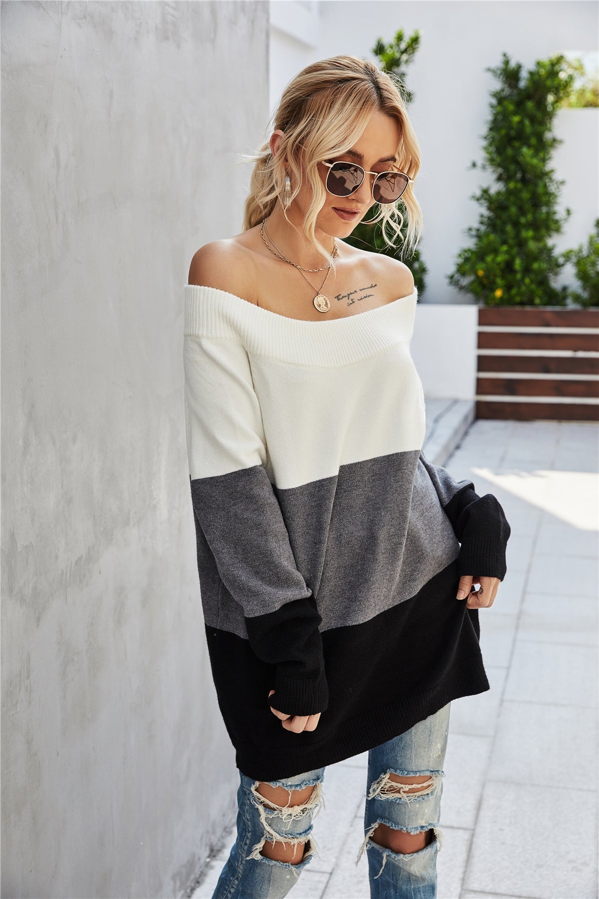 RadyRin Off The Shoulder Color Block Sweater for Style