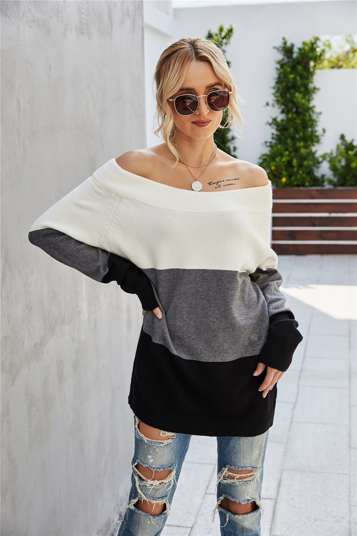 RadyRin Off The Shoulder Color Block Sweater for Style