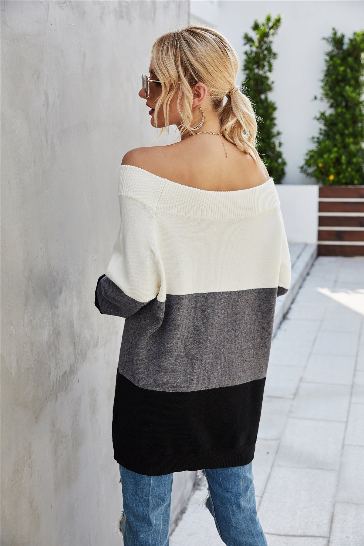 RadyRin Off The Shoulder Color Block Sweater for Style