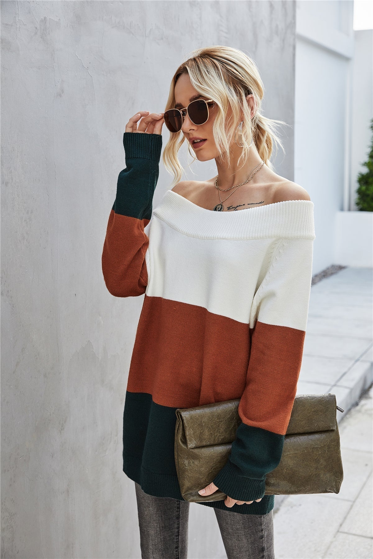 RadyRin Off The Shoulder Color Block Sweater for Style