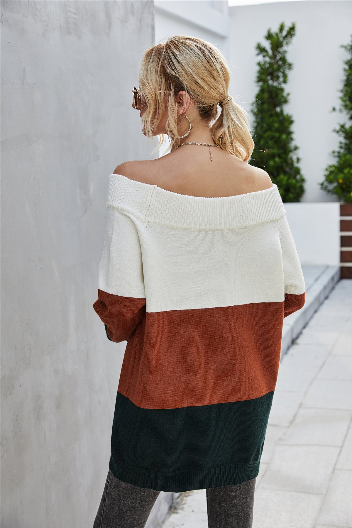 RadyRin Off The Shoulder Color Block Sweater for Style