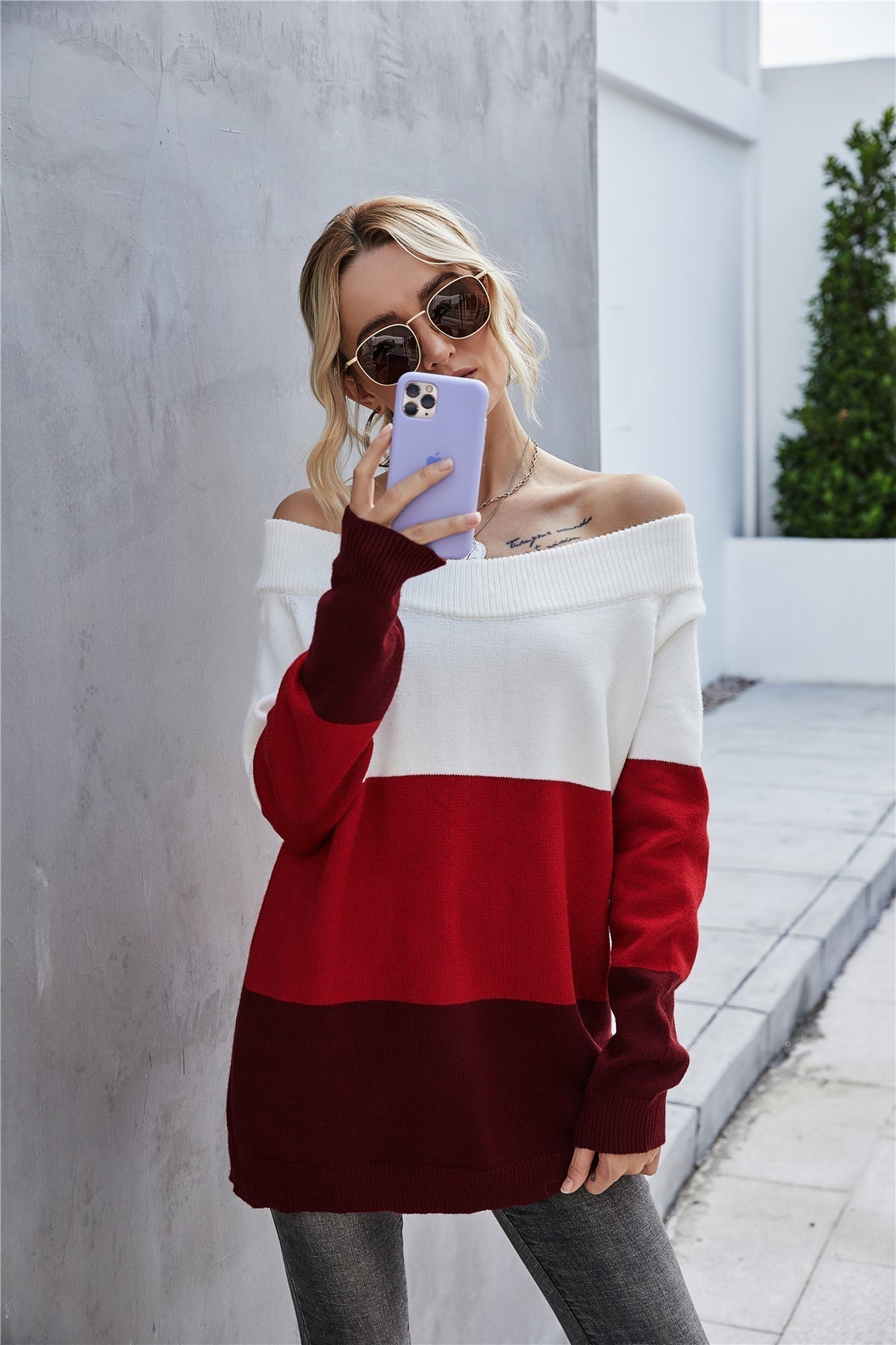 RadyRin Off The Shoulder Color Block Sweater for Style