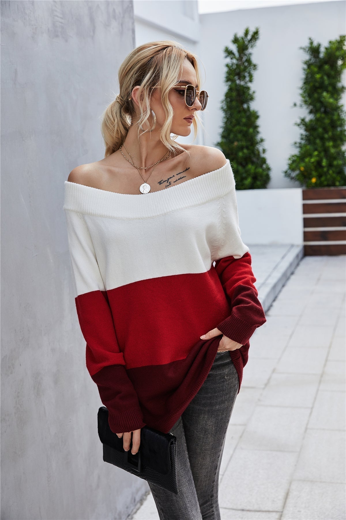 RadyRin Off The Shoulder Color Block Sweater for Style