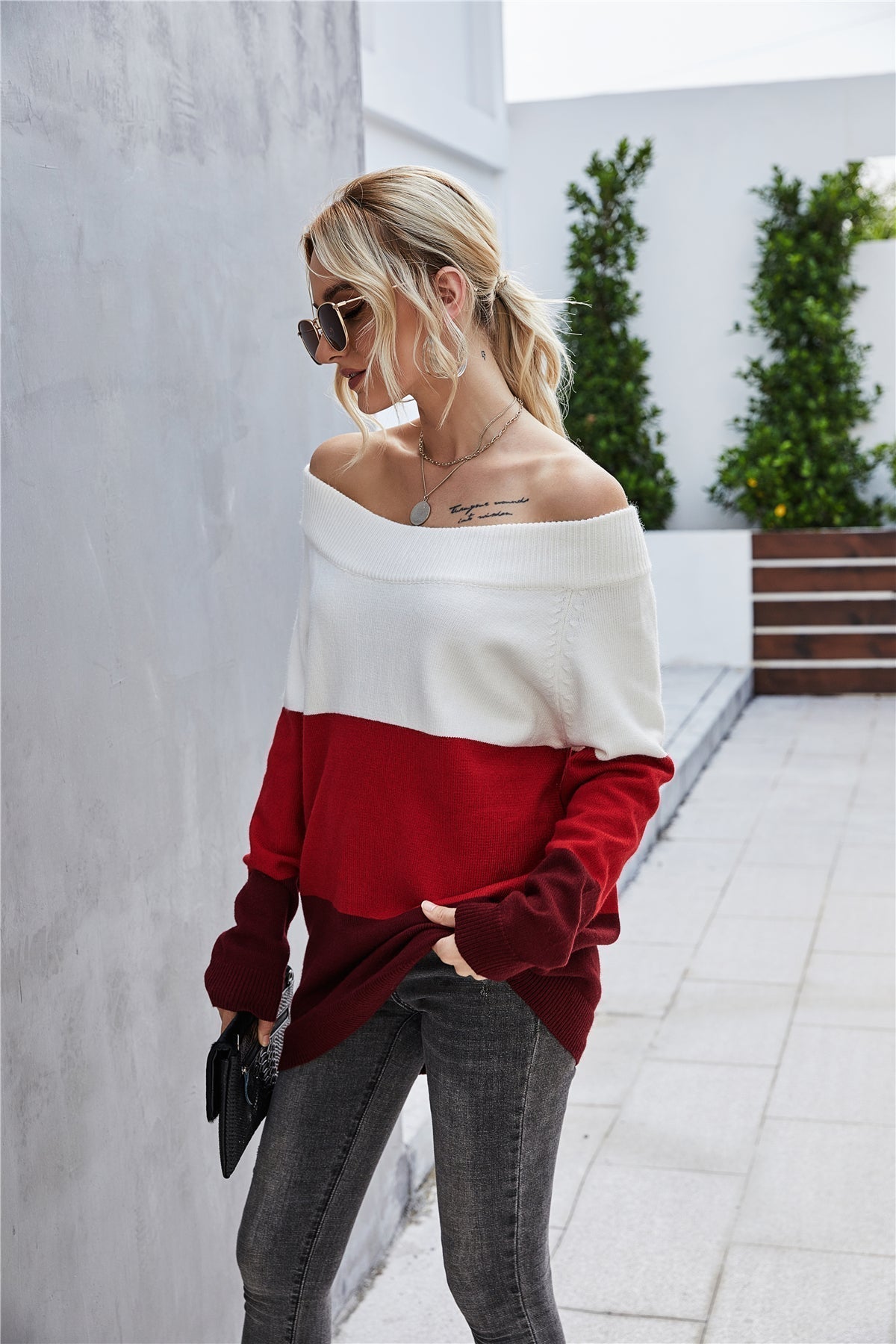 RadyRin Off The Shoulder Color Block Sweater for Style